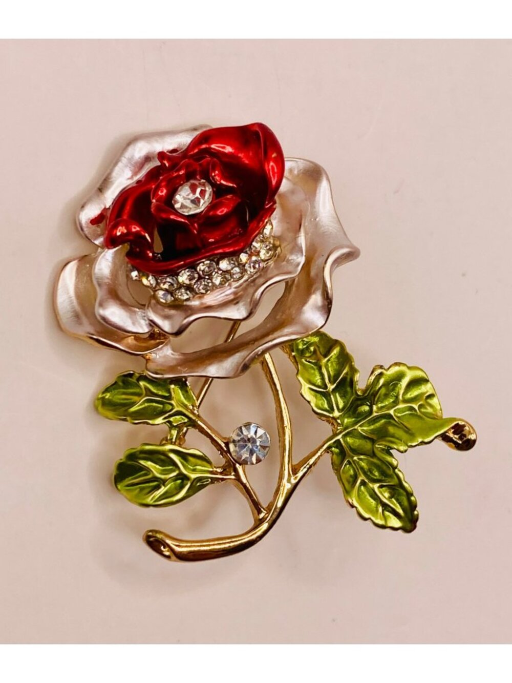 Rose Gold-Tone Floral Brooch Red & Pearl Enamel Petals Green Leaves -104B